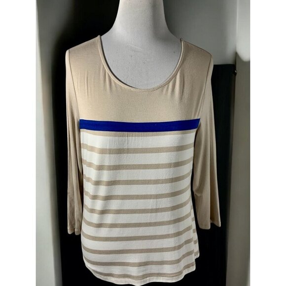 Chicos Womens Small Beige Blue Scoop Neck Stretch Quarter Sleeve Striped Top - Picture 2 of 9